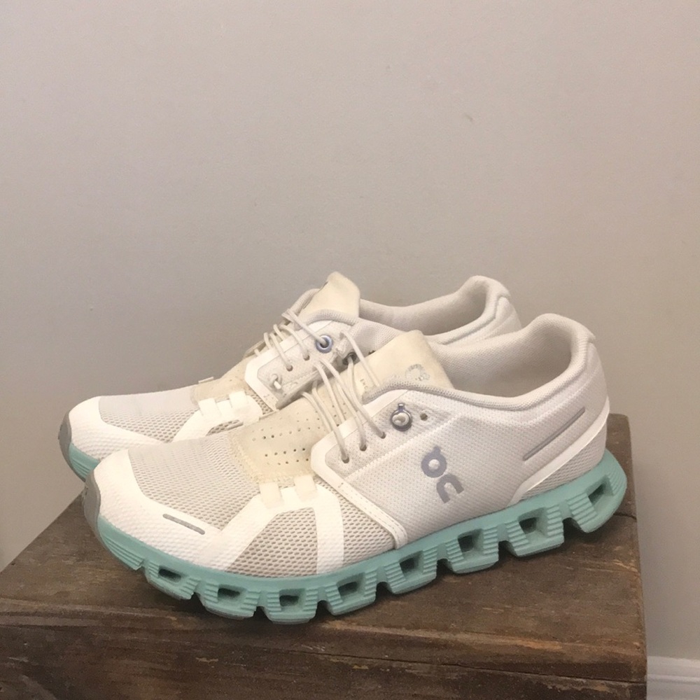 On Running White and Mint Green Cloud Sneakers